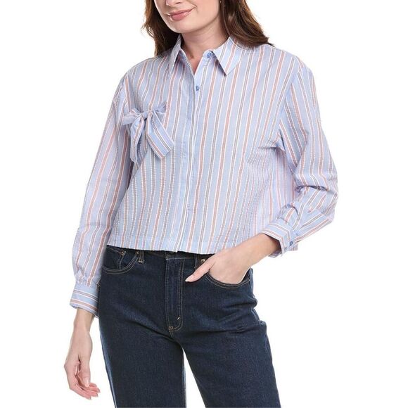 Nanette Lepore Women's Large White Stripe Bow Poplin Button-Up Shirt blouse - Picture 1 of 10